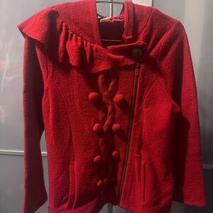 Anthropologie Red Ruffle Collar Knit Cardigan with Pom Pom Detail